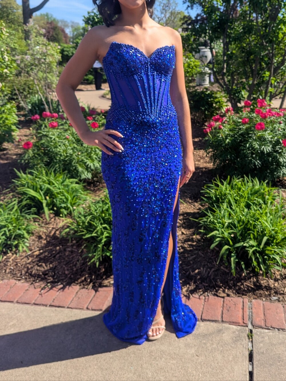 Elegant Royal Blue Beaded Evening Gown with Thigh Slit